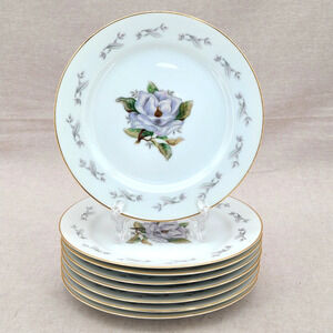 Set of 8 ROSALINDA YAMAKA JAPAN VTG White Flower, Gray Leaves Salad Plate 7.5"